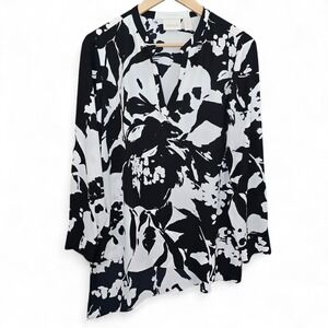 Chicos Top Womens 1 US Medium Black White V Neck Tunic Semi Sheer Long Sleeve